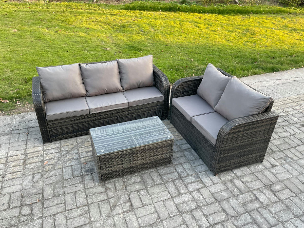 GARTENMÖBELSET mit Couchtisch Polyrattan 5-Sitzer - Dunkelgrau/Grau, Glas/Kunststoff - Fimous