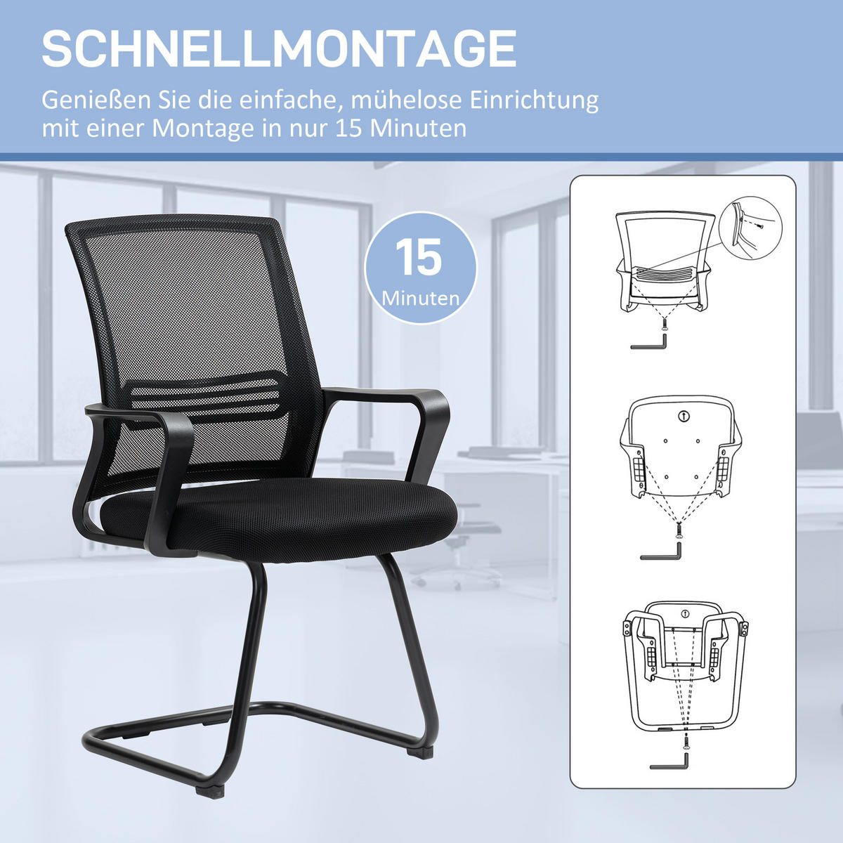 BÜROSTUHL DE-05162 Netzstoff & Schaukelsitz mit Kufenbasis Schwarz - Schwarz, Metall (57.5/93/58.5cm) - ComfortXL