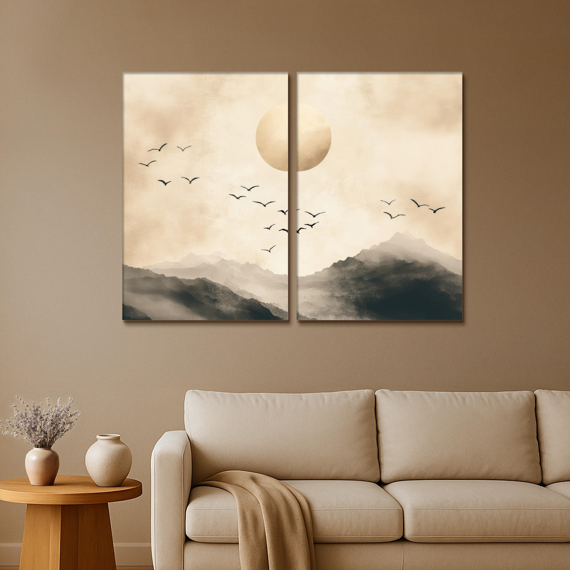 LEINWANDBILD 2er Set Landschaft - Japandi - Beige - Vögel 160x120 cm - Beige, Textil (160/120cm) - MuchoWow