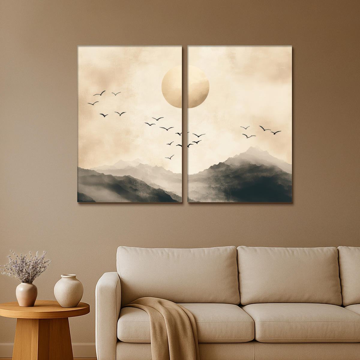 LEINWANDBILD 2er Set Landschaft - Japandi - Beige - Vögel 160x120 cm - Beige, Textil (160/120cm) - MuchoWow
