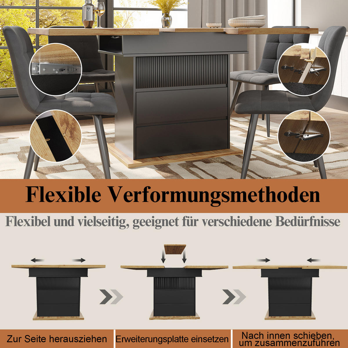 ESSTISCH Ausziehbarer aus MDF mit Stauraum, 110-140/80/75 cm, Schwarz - Schwarz, Holzwerkstoff (110/80/75cm) - Redom