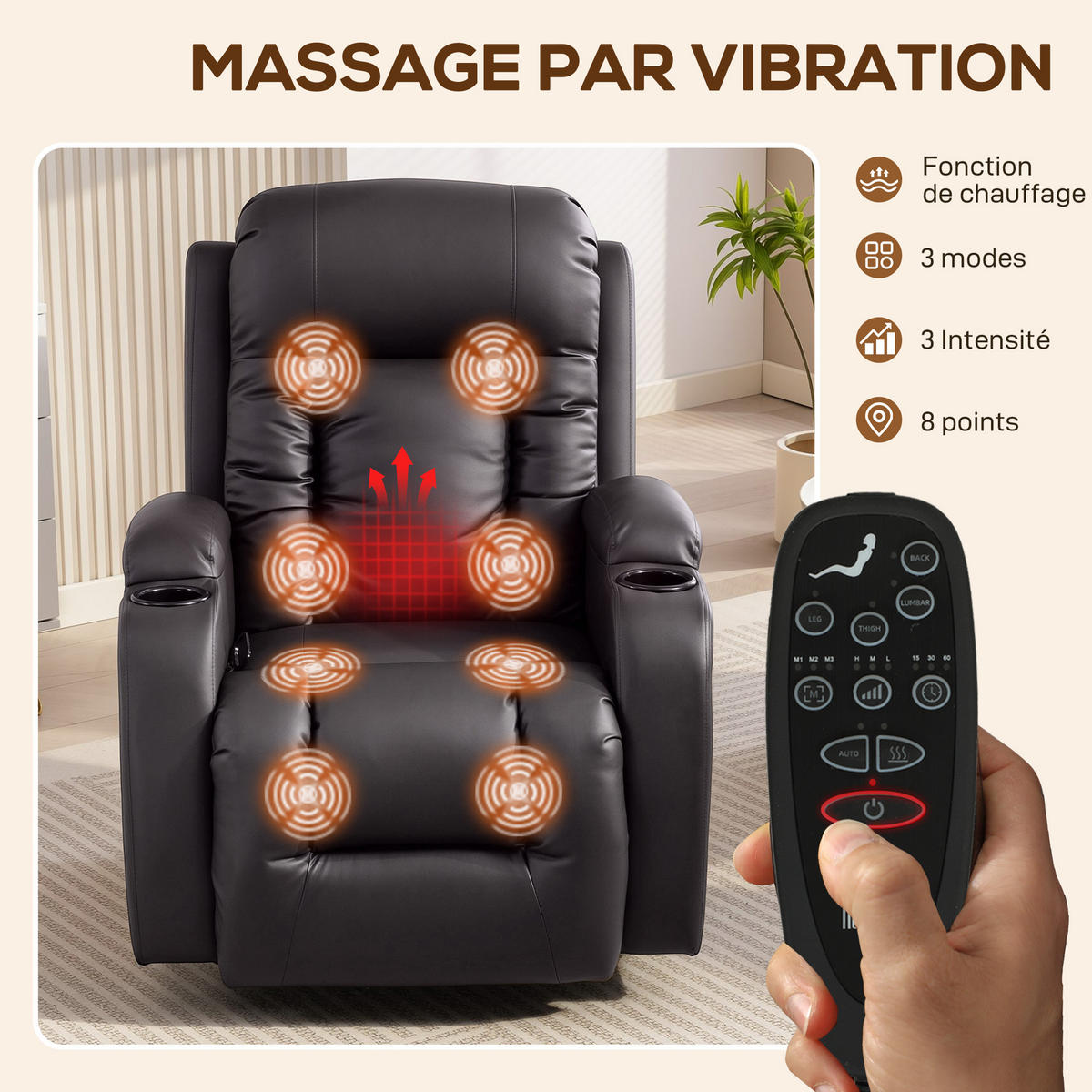 MASSAGESESSEL Braun mit Massagefunktion, Heizfunktion und Liegefunktion 99/82/103 cm - Braun, Leder (99/103/82cm) - PANGIVO
