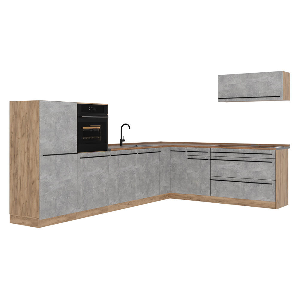 ROHOVÁ KUCHYŇA R-Line, betón/Dub Goldkraft, 327 x cm Goldkraft tammi työtaso - sivá/dub medový, kompozitné drevo (327/143/60cm) - Vicco