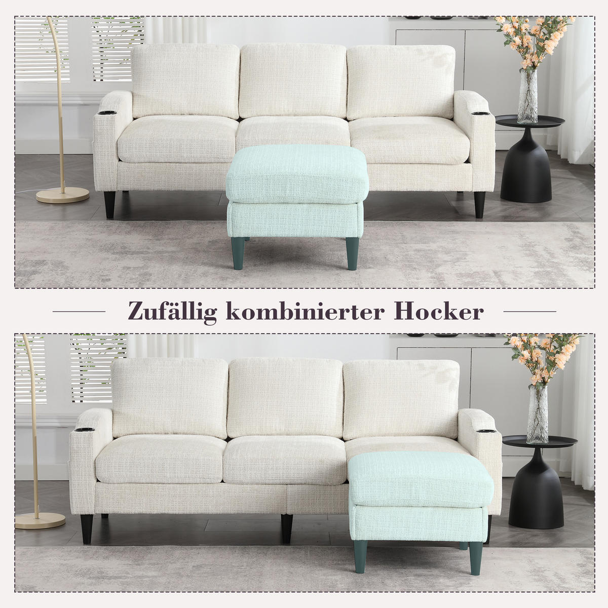 SITZGARNITUR 4-Sitzer Chenille Beige mit Hocker, Stauraum, Getränkehaltern und Seitentaschen - Beige, Holzwerkstoff/Kunststoff (196.5/77/75cm) - WISHDOR