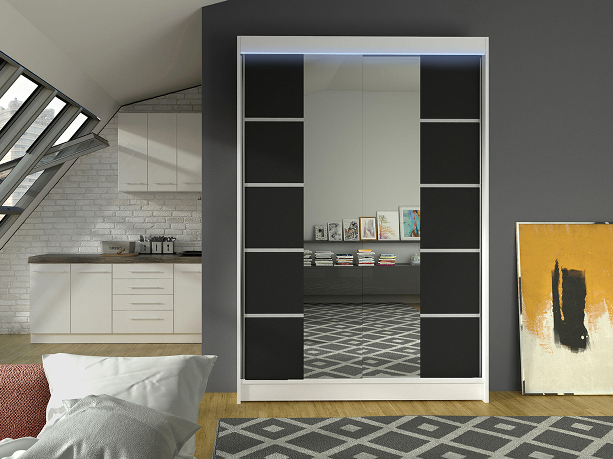 SCHWEBETÜRENSCHRANK Lino V mit RGB LED Beleuchtung - Schwarz/Weiß, Holzwerkstoff/Metall (120/200/58cm) - MIRJAN24