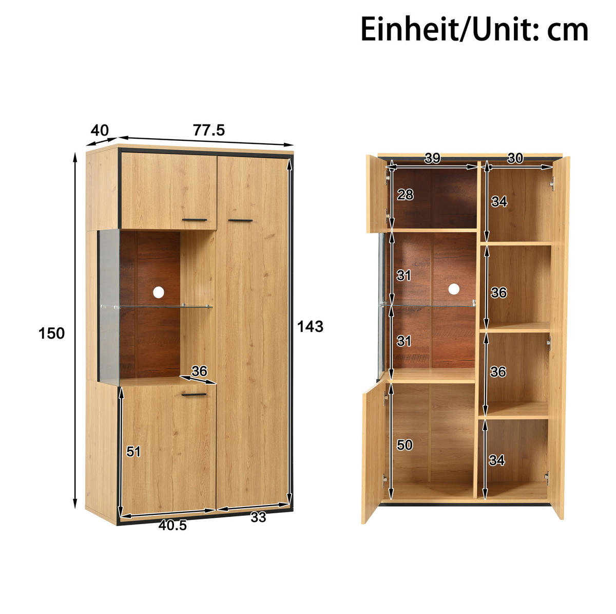 VITRINE 77,5/40/150 cm in Natur mit Glastür und LED-Beleuchtung - Naturfarben, Holzwerkstoff (77.5/150/40cm) - Flora Grace