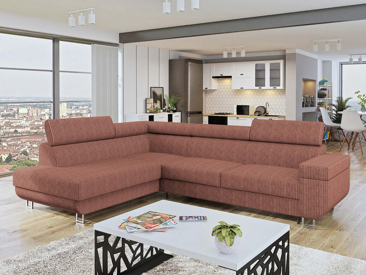 ECKSOFA Fonti Cord, Seite: Links - Rosa, Holz/Textil (253/188cm) - MIRJAN24
