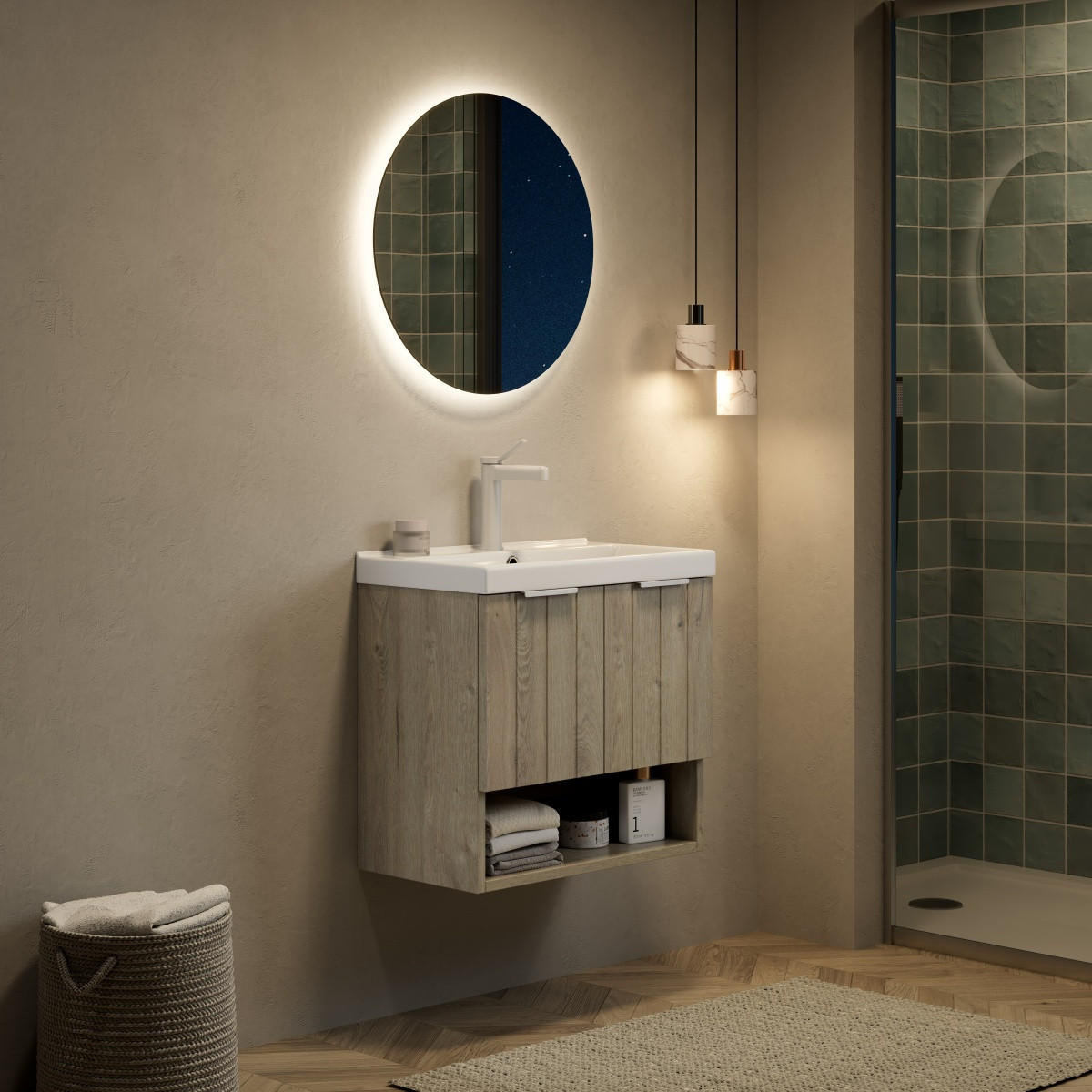 BADMÖBEL Waschtisch 55 cm,Wandhängend Keramik-Waschbecken Eiche Creme Unterschrank Doppeltür - Creme, Holz (55/53/32cm) - PARAFTA HOME