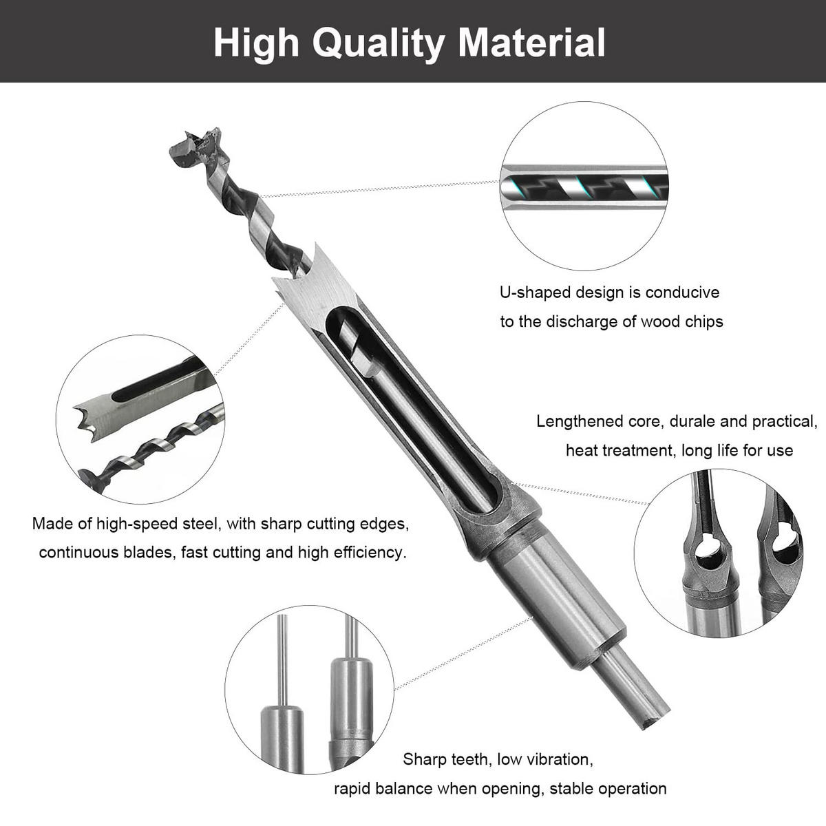 BOHRER – Vierkantloch, geeignet für Holzbearbeitung, 6,4/8/9,5/12,5/14/16 mm - Silberfarben, Metall (26.5/17.2/2.4cm) - DCA