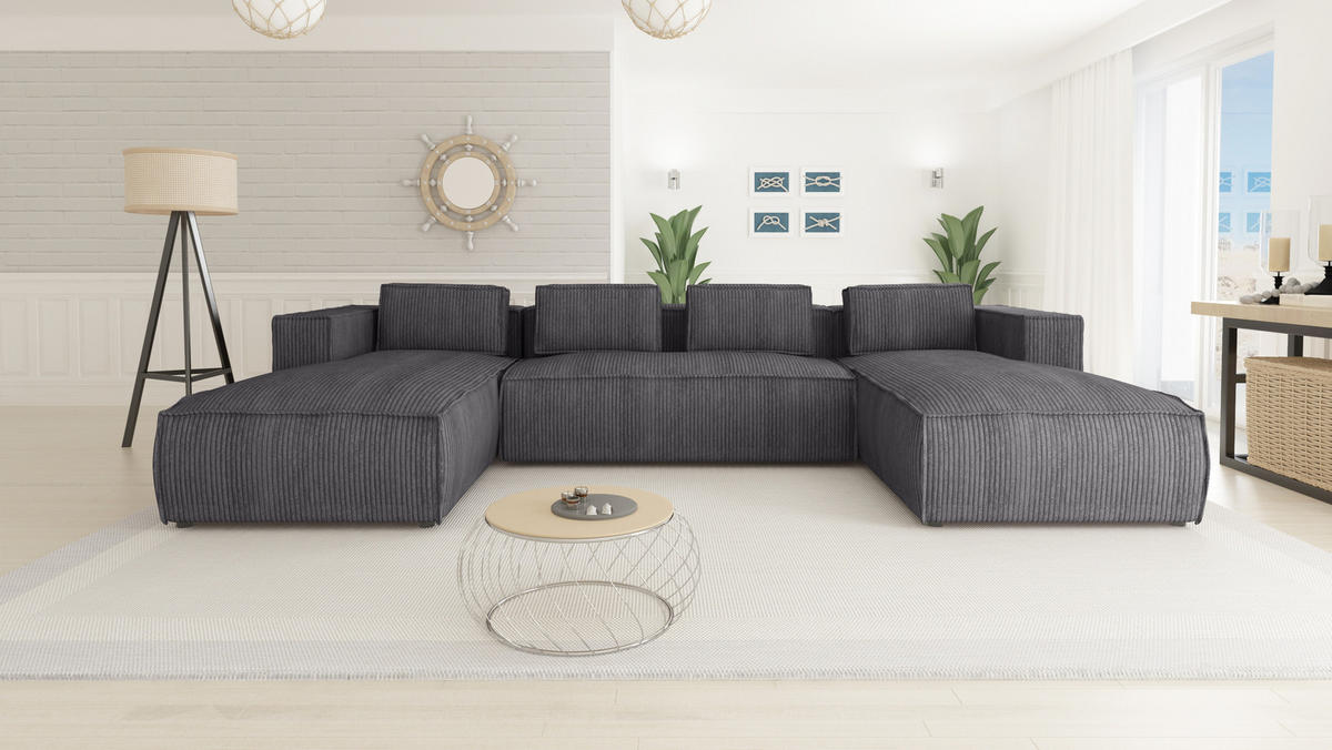 WOHNLANDSCHAFT Nova Grau Cord - Schwarz/Grau, Holz/Kunststoff (327/64/176cm) - S-Style Möbel