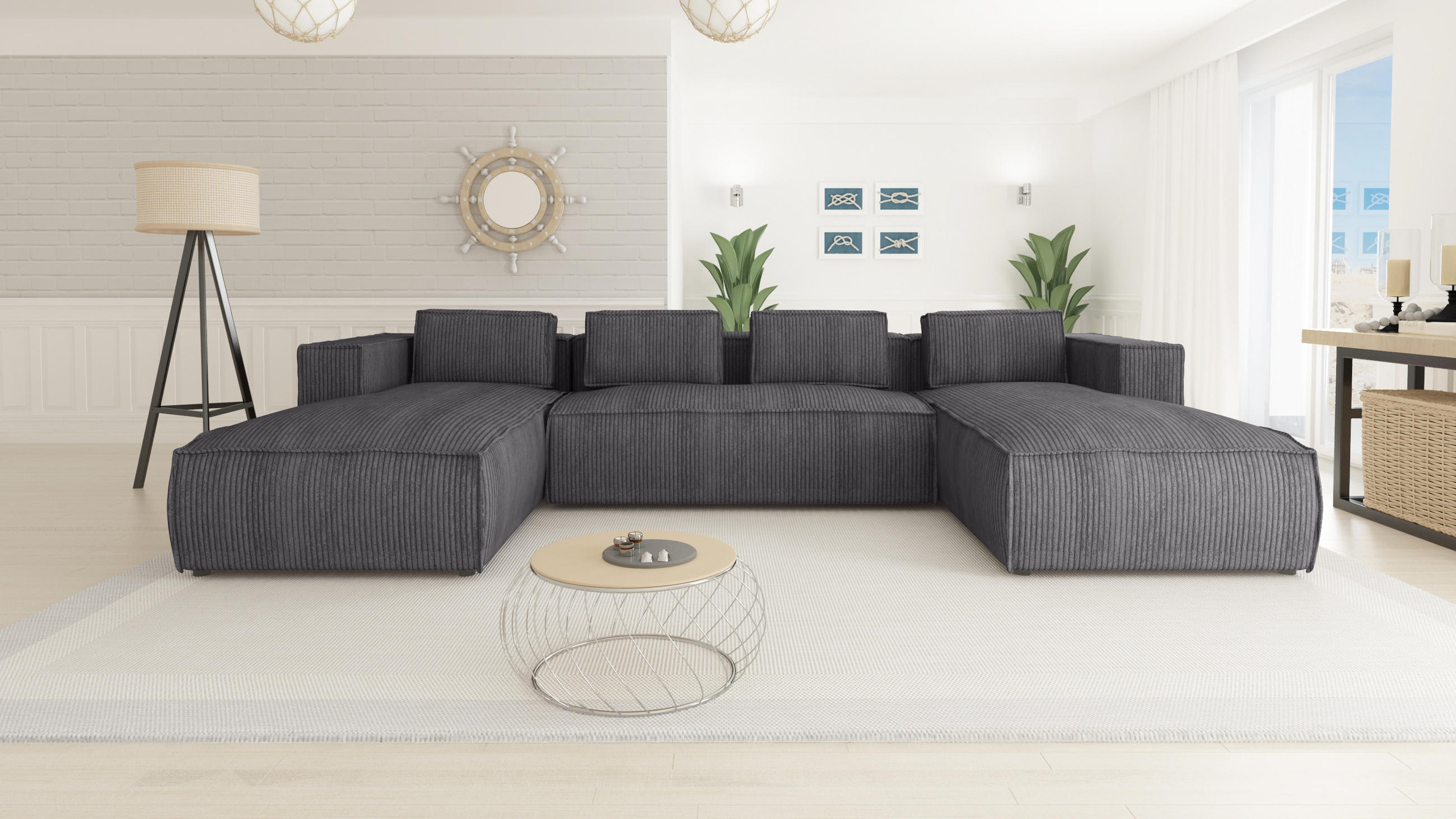 Thumbnail - S-Style Möbel Wohnlandschaft, Grau, Textil, Echtholz,Buche, Birke, 7-Sitzer, Füllung: Polyetherschaumkern, U-Form, Eckte...