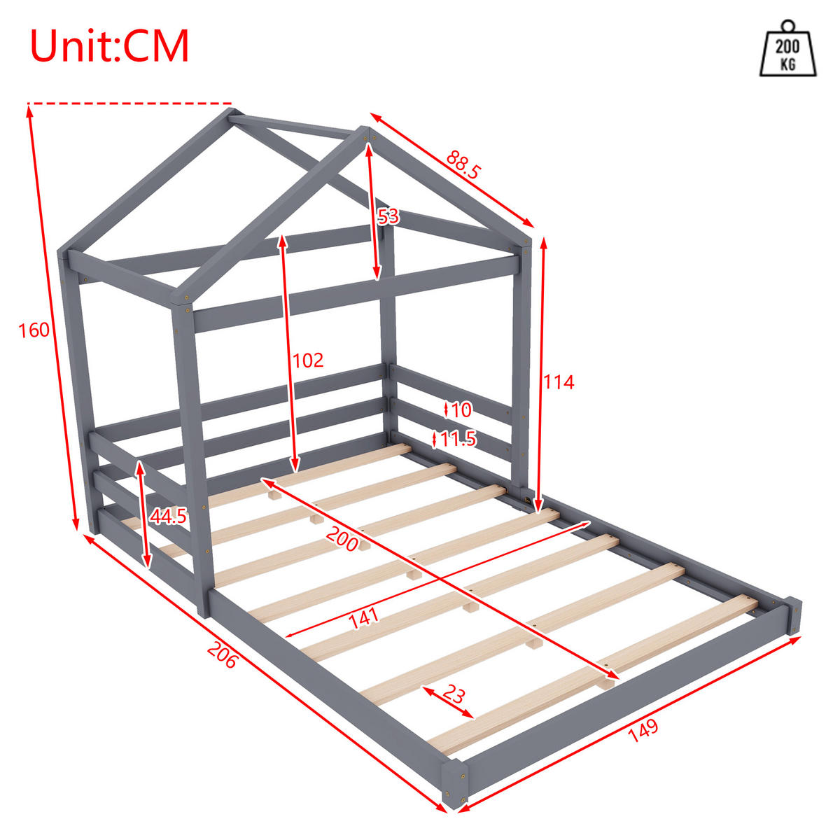 HAUSBETT 140/200 cm grau mit Lattenrost aus Kiefernholz - Grau, Holz (140/200cm) - OKWISH