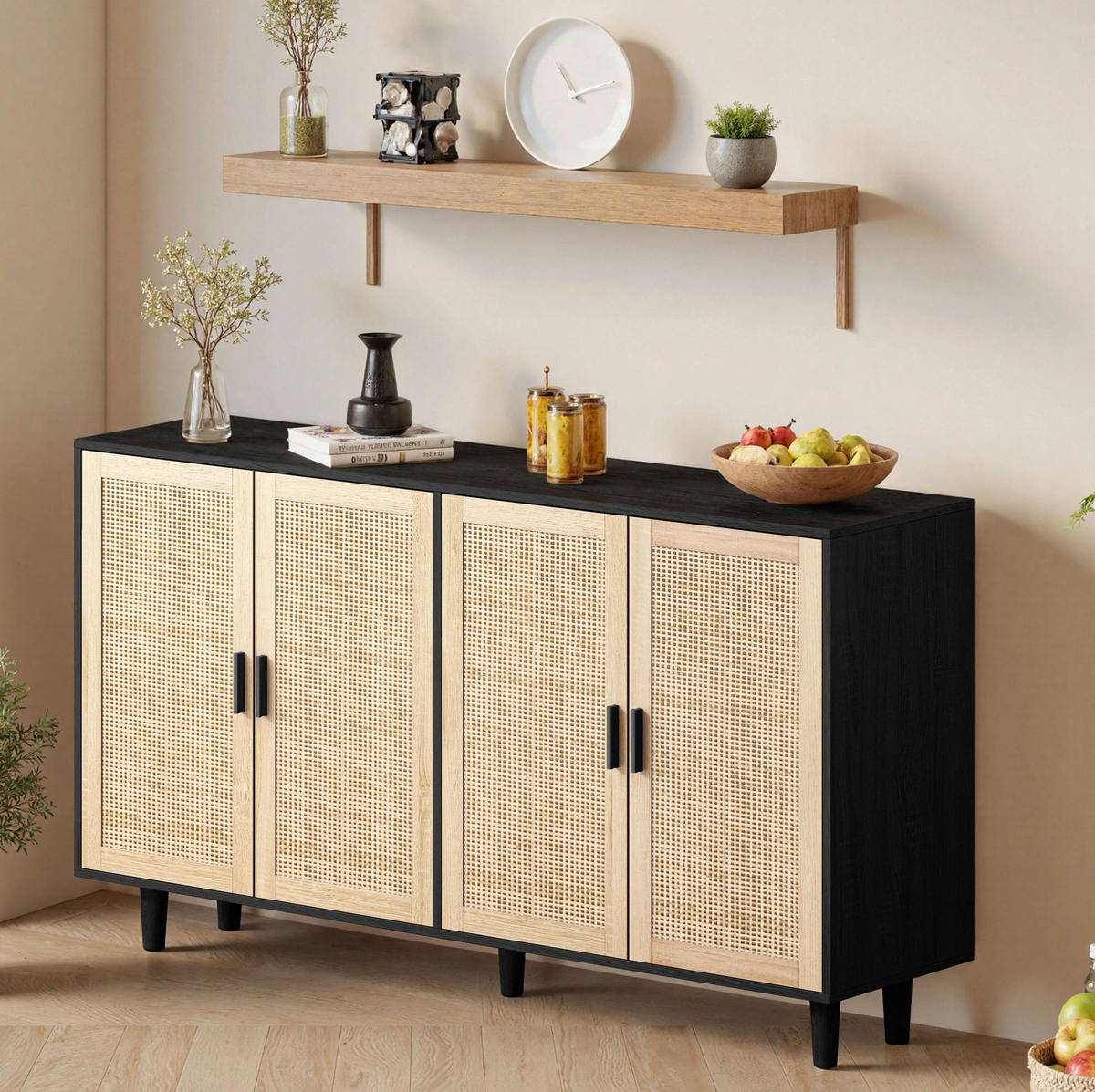 SIDEBOARD 158/40/88 cm mit 4 Rattantüren und verstellbarem Einlegeboden aus Spanplatte mit Massivholzbeinen, Schwarz - Schwarz, Holzwerkstoff (158/88/40cm) - Redom