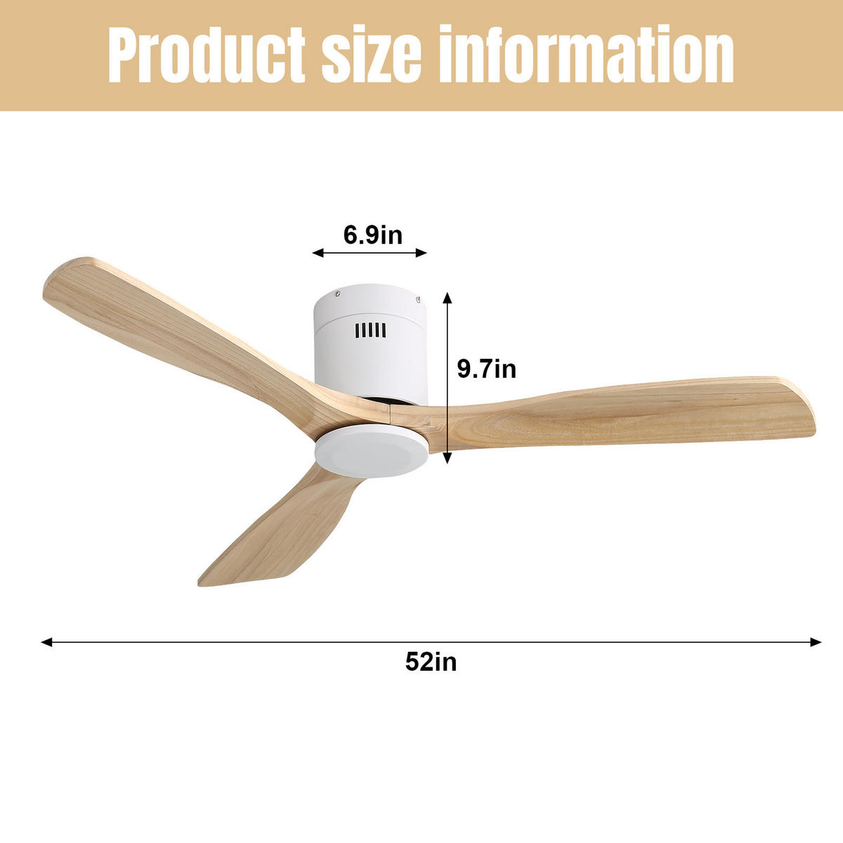 DECKENVENTILATOR DE-16349 132 cm mit 3 Massivholzflügeln & Fernbedienung - Weiß, Holz/Metall (132/132/24.5cm) - ComfortXL