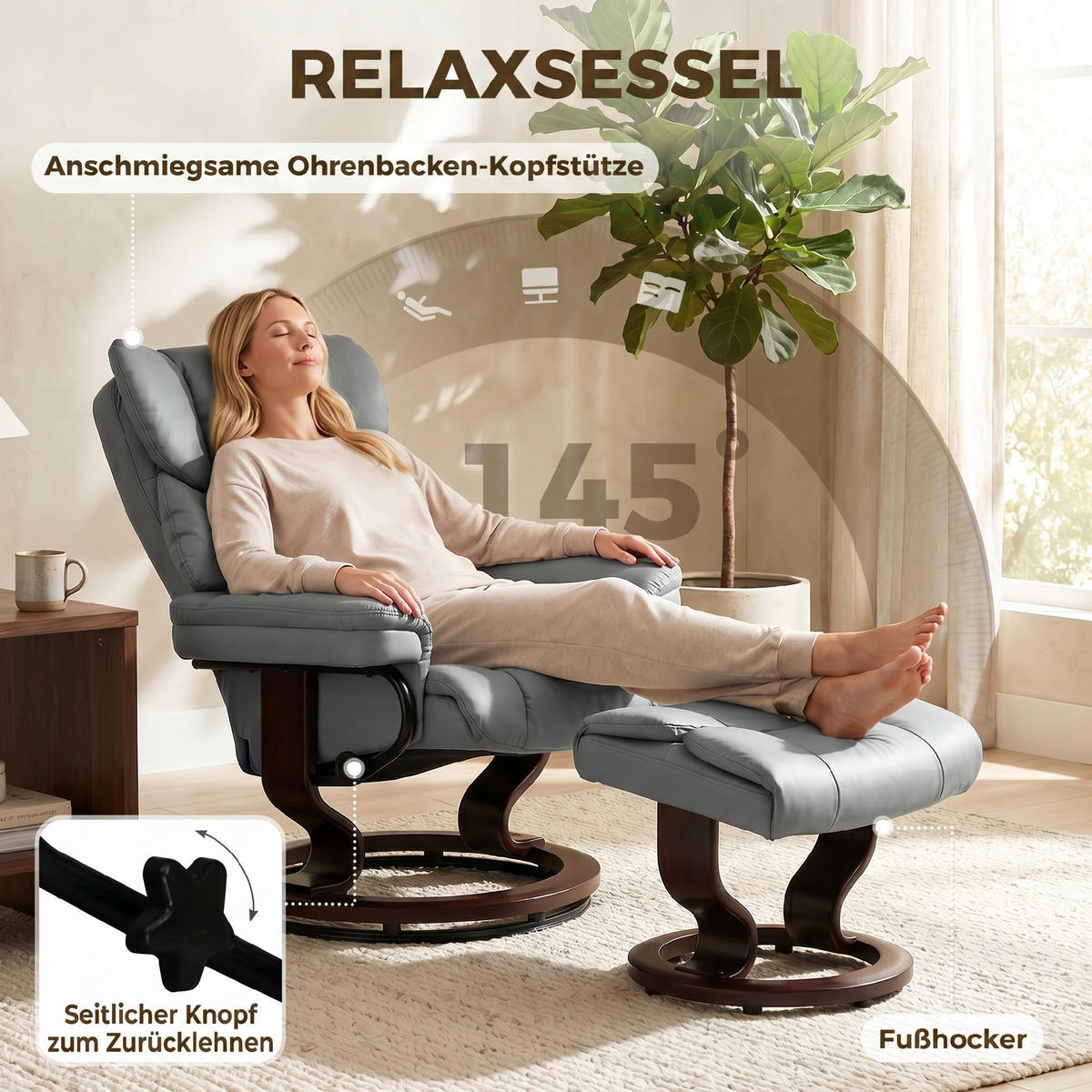 RELAXSESSEL mit Fußhocker PU-Leder Hellgrau - Hellgrau/Braun, Holz/Kunststoff (79/100/80cm) - HOMCOM