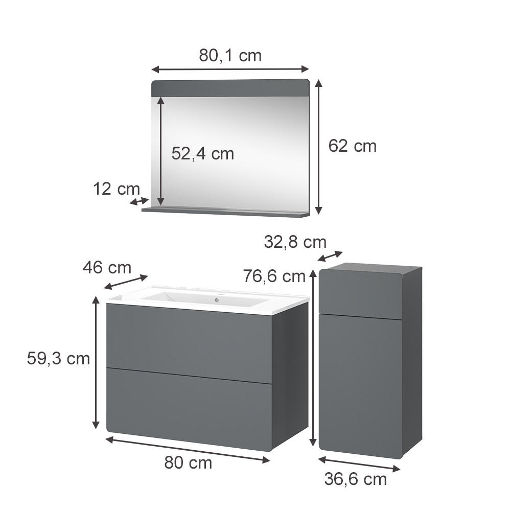 BADMÖBEL-SET Izan Grau 4 Teile mit Midischrank - Grau, Holzwerkstoff (80/59.3/46cm) - Vicco