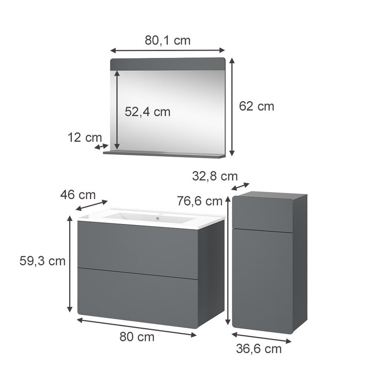 BADMÖBEL-SET Izan Grau 4 Teile mit Midischrank - Grau, Holzwerkstoff (80/59.3/46cm) - Vicco