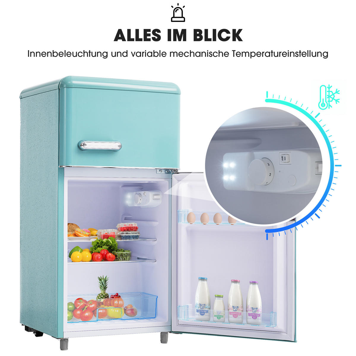 KÜHLSCHRANK 46/45/91 cm Cyan 72L mit LED-Licht - Türkis, Metall (45/91/46cm) - Oxeza