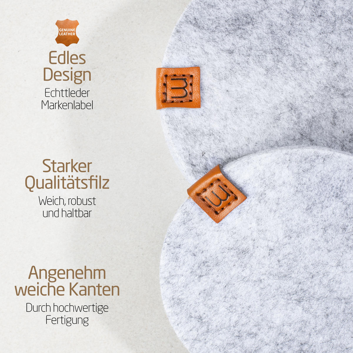 GLASUNTERSETZER mit Lederlabel 10er-Set - Hellgrau, Textil (10/10cm) - Miqio Design