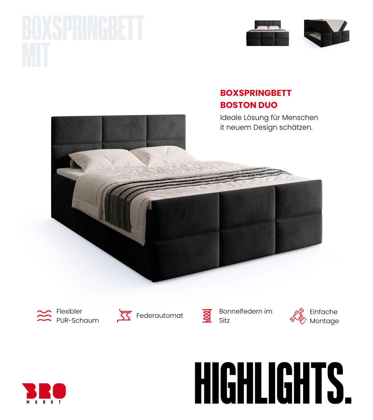 BOXSPRINGBETT Boston Duo Mit Bettkasten, Topper und Matratze Schwarz Kronos 07 180x200 cm - Schwarz, Textil (180/200cm) - Bromarkt