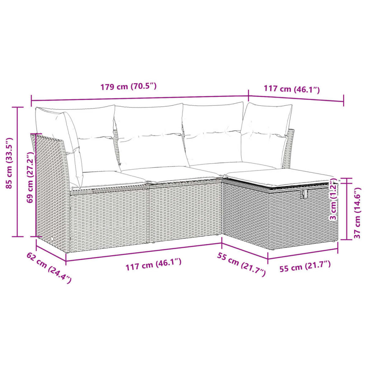 GARTEN-SOFAGARNITUR 4-TLG. Mit Kissen Grau Poly Rattan - Grau, Kunststoff - vidaXL