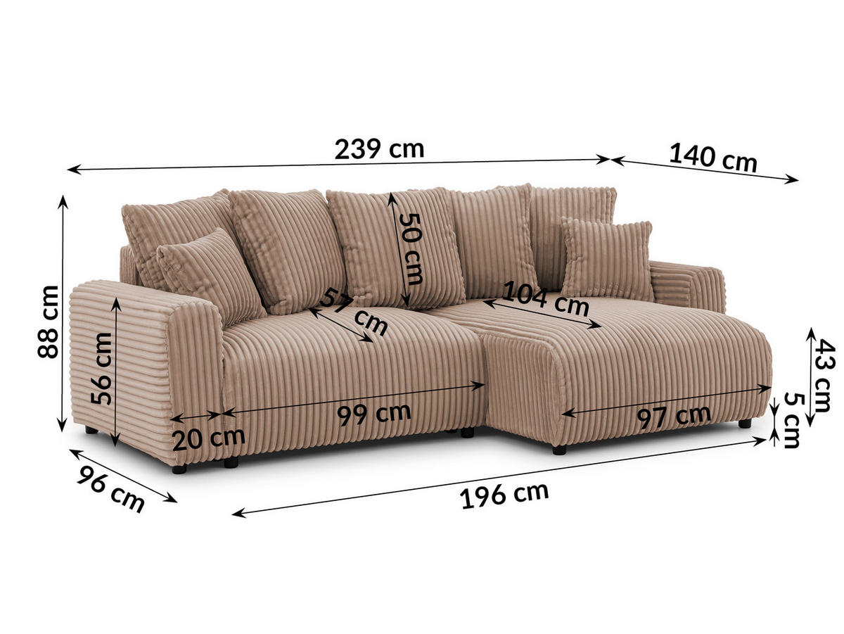 ECKSOFA Calma mit Schlaffunktion und Bettkasten im Bumpy-Design aus weichem Beige Plüschcord - Ottomane rechts - Beige/Schwarz, Holz/Kunststoff (140/239cm) - S-Style