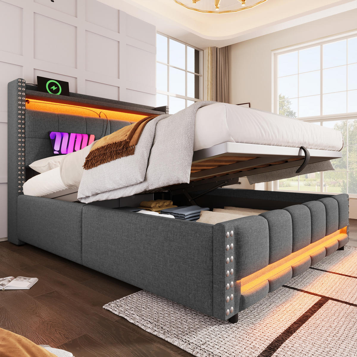 POLSTERBETT 160/200 cm in Grau Leinen mit Bettkasten, LED, USB und Regal - Grau, Holzwerkstoff/Textil (160/200cm) - WISHDOR