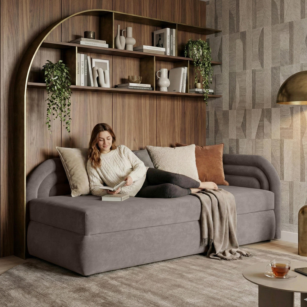 POLSTERBETT Cobi, Eckbett 80x200 cm mit Bettkasten, Hellbraun, Rechts - Hellbraun, Textil (80/200cm) - Beautysofa