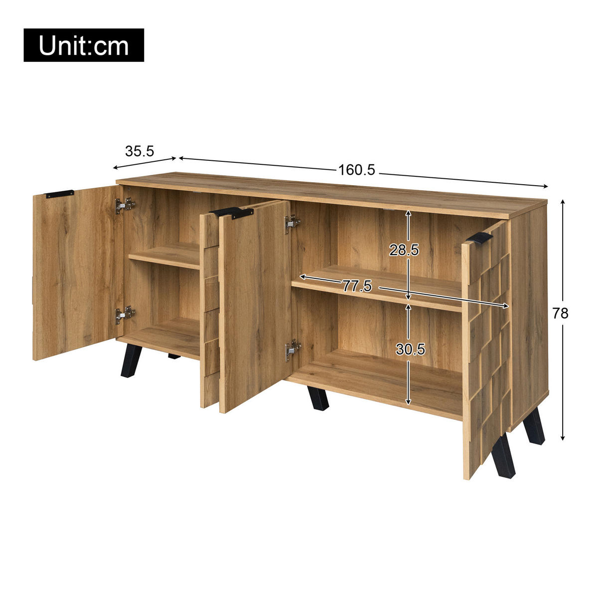 SIDEBOARD aus Spanplatte 160,5x35,5x78 cm Holzfarbe mit 4 Türen und verstellbaren Einlegeböden - Naturfarben, Holzwerkstoff (160/78/35.5cm) - IVMEU