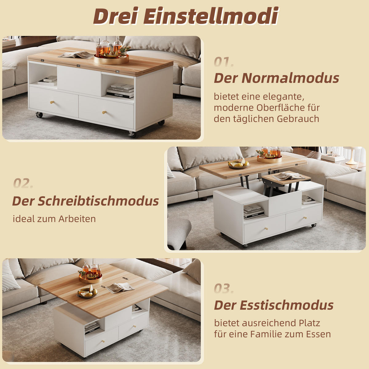 COUCHTISCH 100/50/47.5 cm in Holzfarbe/Weiß aus MDF höhenverstellbar - Naturfarben, Holzwerkstoff (100/50/47.5cm) - OKMYHOME
