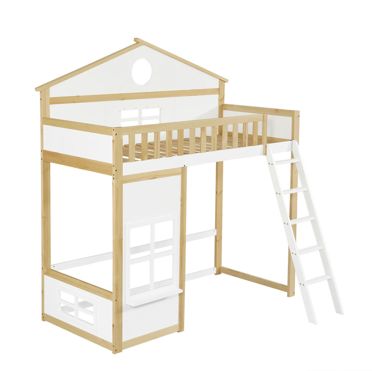ETAGENBETT 90/200 cm mit Treppe, Fallschutz, Dach und Fenstern aus Kiefer und MDF, Weiß/Natur - Weiß, Holz (90/200cm) - Redom