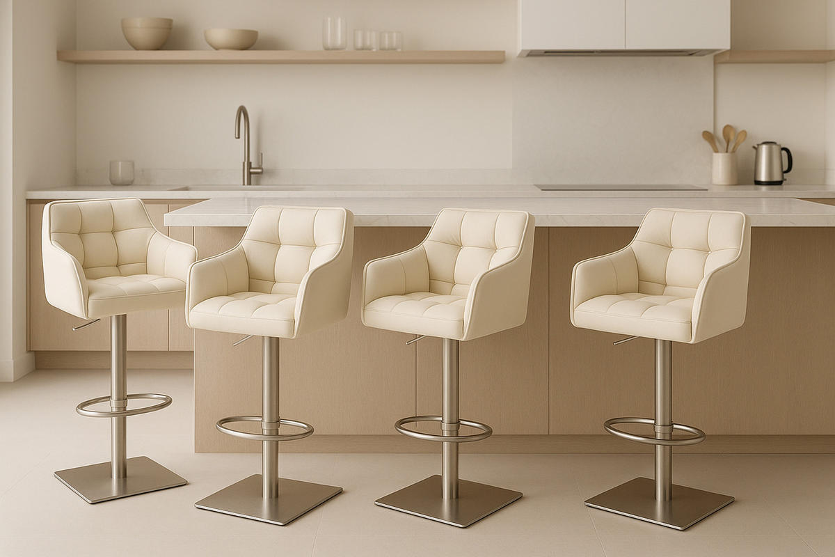BARHOCKER 2er Set Damaskus Kunstleder edelstahl creme - Edelstahlfarben/Naturfarben, Kunststoff/Metall (64/110/48cm) - TPFLiving