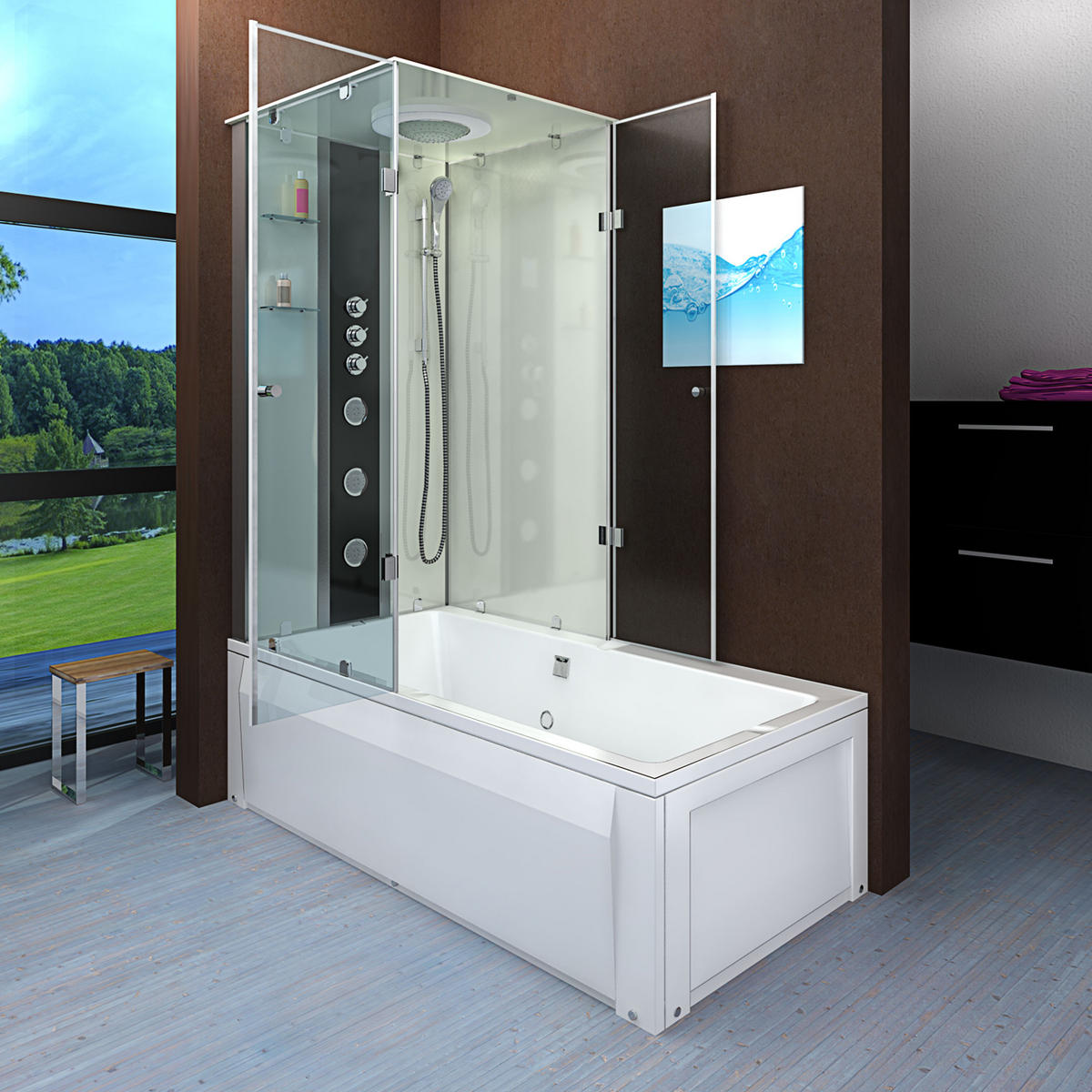 DUSCHE Wanne Kombination K05-R02-EC 90x180 - Weiß, Glas/Kunststoff (180/225/90cm) - AcquaVapore by Sandra Jentho