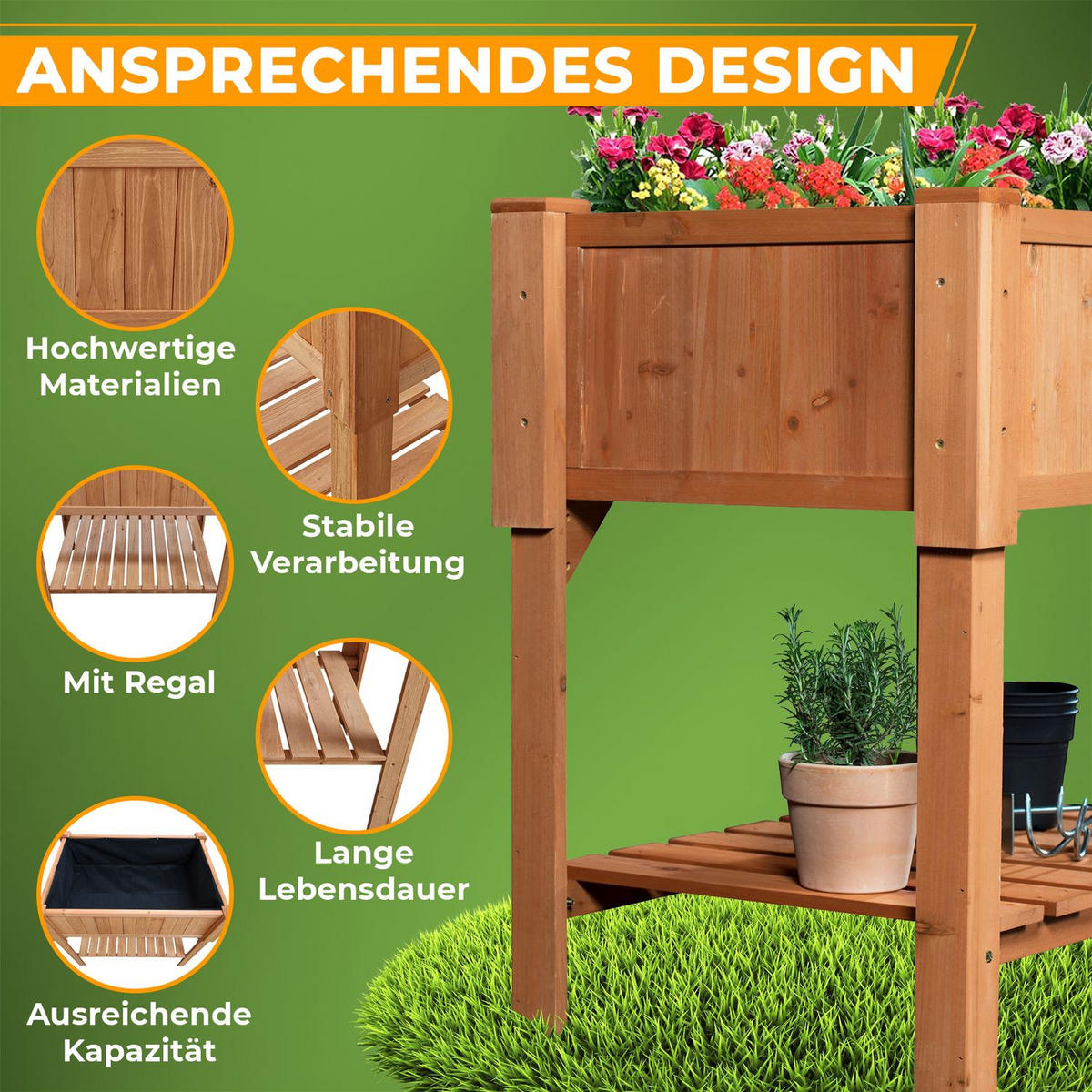 HOCHBEET mit Ablage Holz 120/40/90 cm - Naturfarben, Holz (40/90/120cm) - Coemo