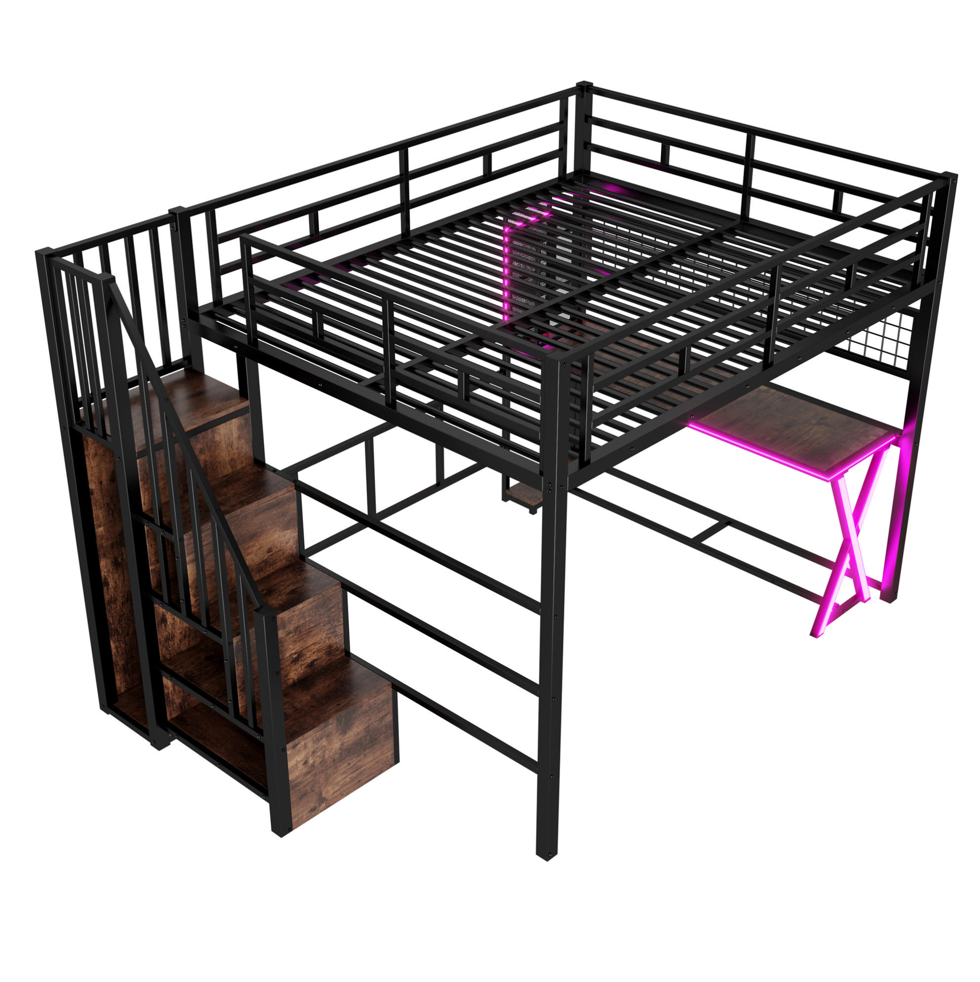 HOCHBETT aus Metall und MDF 160x200 cm Schwarz mit Schreibtisch, Kleiderschrank und LED-Beleuchtung - Schwarz, Holzwerkstoff (160/200cm) - Modfu