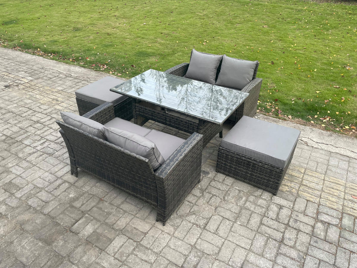 GARTENMÖBELSET mit 2-Sitzer Sofa,Fußhocker,Esstisch,2 Beistelltischen Polyrattan Dunkelgrau 6-Sitzer - Dunkelgrau/Grau, Glas/Kunststoff - Fimous