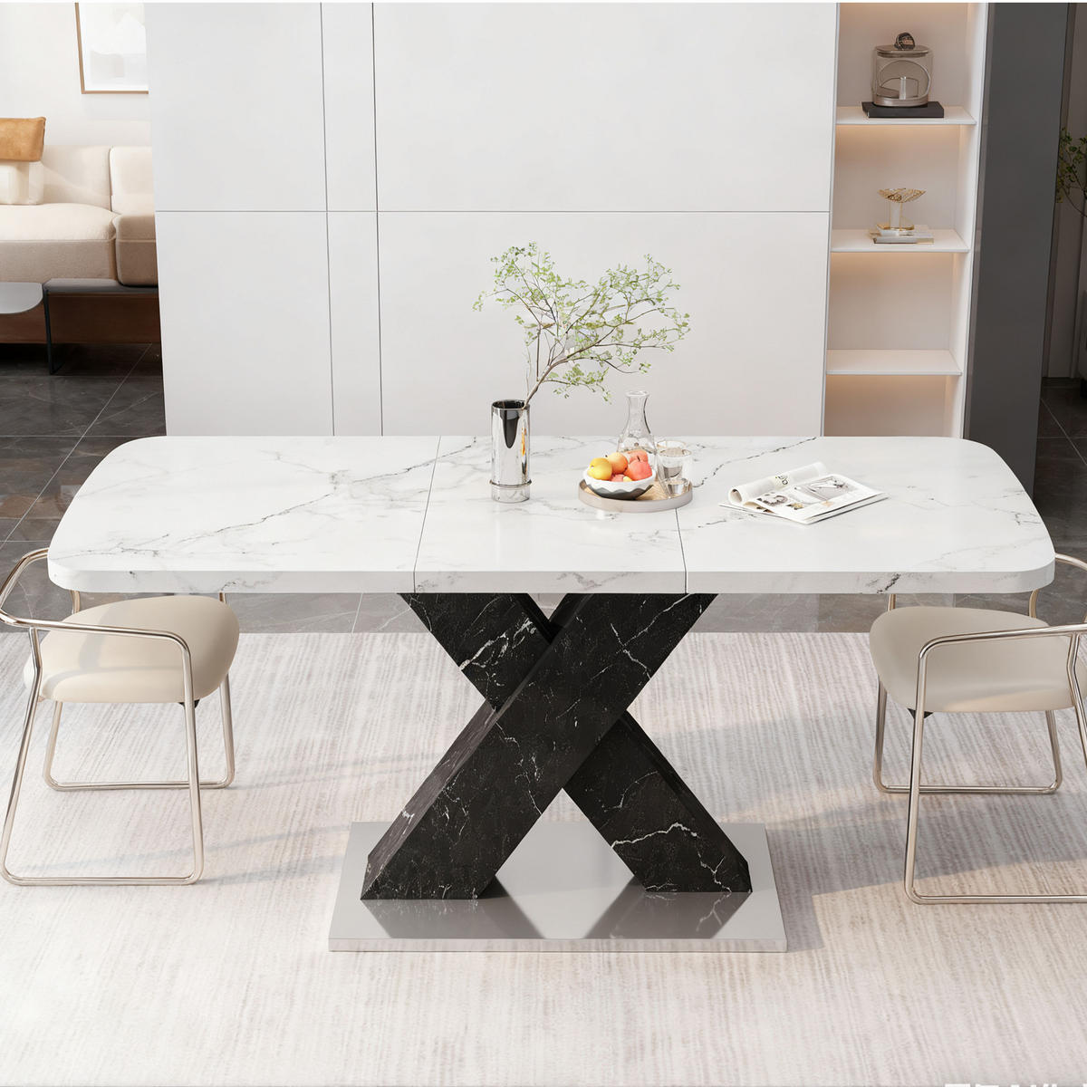 ESSTISCH Ausziehbarer mit MDF- und Metallgestell, X-Bein Design, belastbar bis 100 kg - Weiß, Holzwerkstoff/Metall (160/80/76.5cm) - EVRYAE