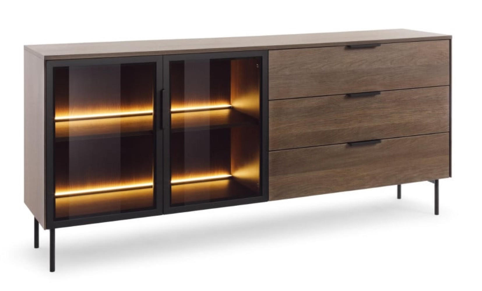 KOMMODE Eiche Dunin LUMIN 2 Türen 3 Schubladen LED - Schwarz, Holzwerkstoff (181.3/82.6/39.3cm) - Sepro Meble
