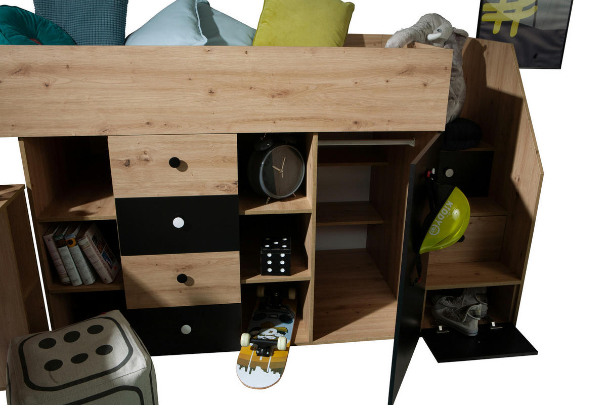 HOCHBETT 249/123/93 - Schwarz/Eiche Artisan, Holz (90/200cm) - MÖBEL KRYSPOL