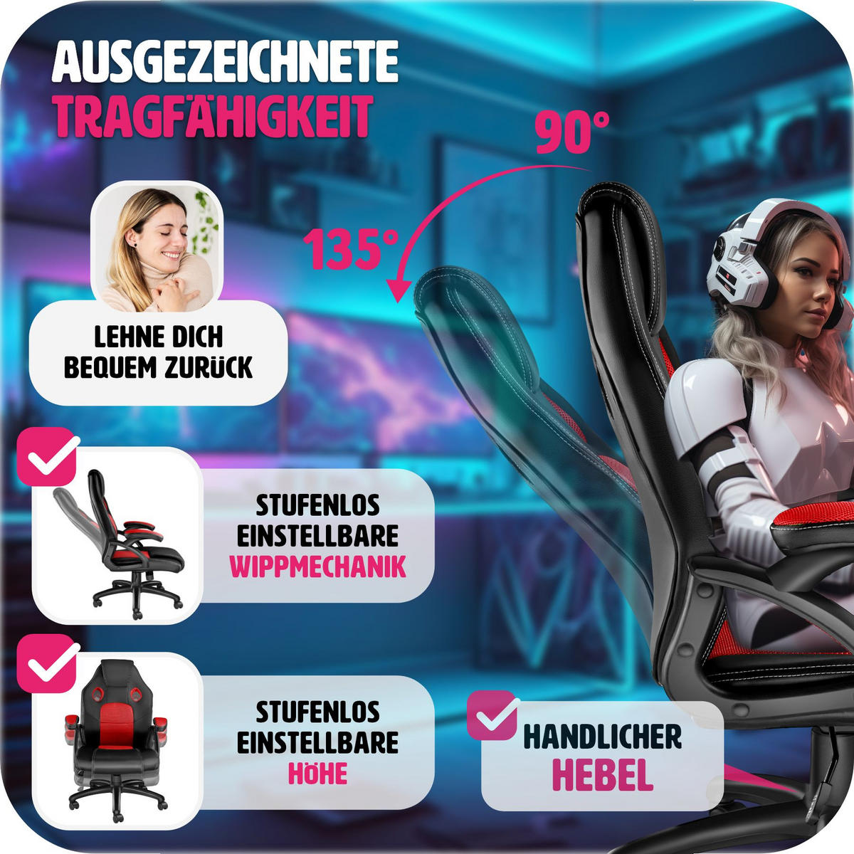 BÜROSTUHL Mike,stufenlos höhenverstellbar,schwarz/rot - Rot/Schwarz, Leder (68/114.5/69cm) - tectake