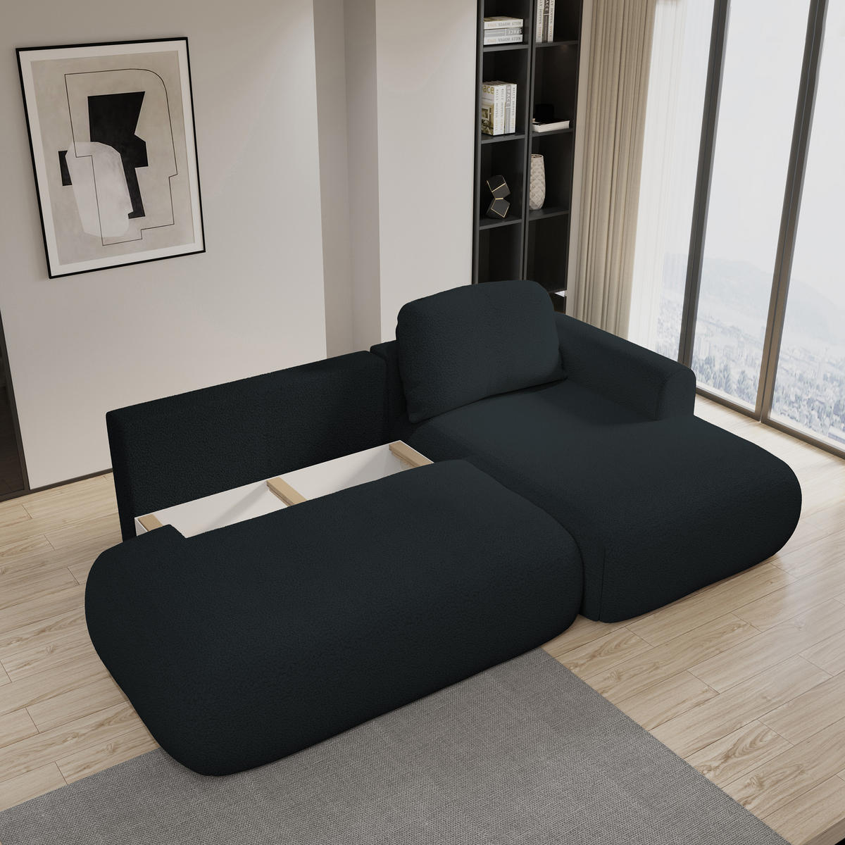 ECKSOFA NUVIRA R-S Schwarz Boucle-Stoff mit Schlaffunktion - Schwarz, Holz (274/165cm) - MASSENO