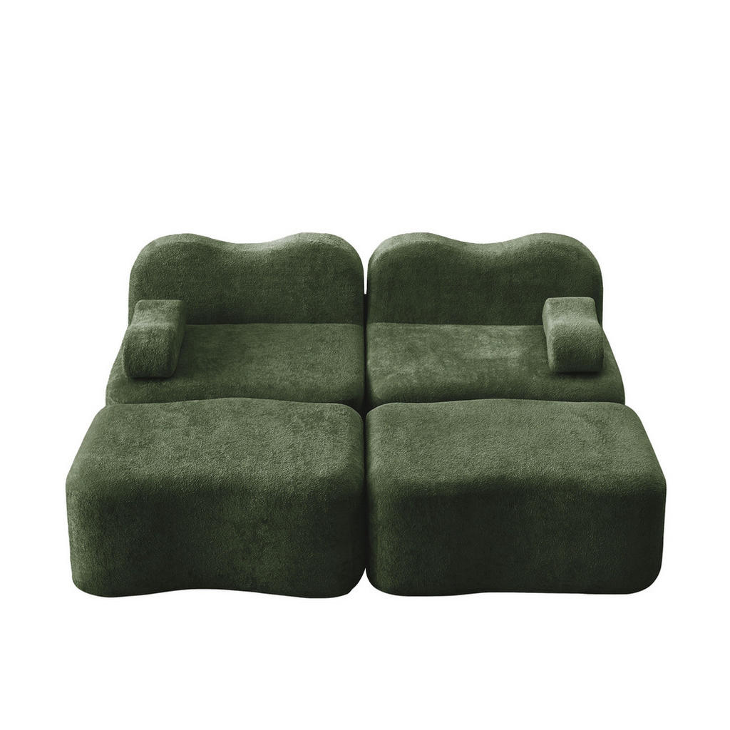 Modfu MODULÁRNÍ pohovka ze sametu 167x192x70 cm zelená se 2 taburety, bezrámová, s pohyblivým područkovým polštářem