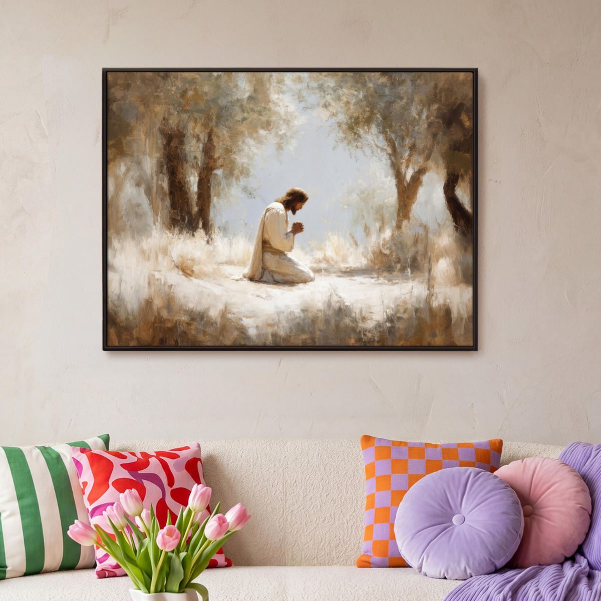 LEINWAND Bilder mit Rahmen - Jesus - Kniend - Waldlandschaft - Betend - 100x70 - Beige, Textil (100/70cm) - MuchoWow