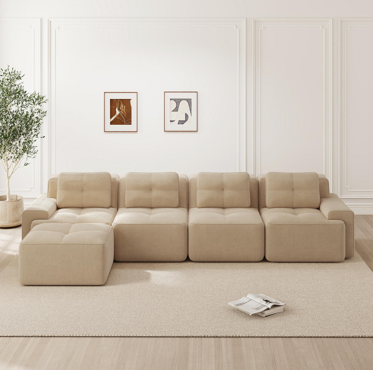 ECKSOFA 382/177/69 cm beige aus Cord mit Tiefsitz, rutschfester Basis und breiten Armlehnen - Beige, Textil (177/382cm) - OKWISH