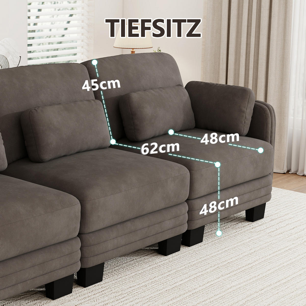 3-SITZER-SOFA Chenille mit Lenden- und Armkissen, DE-42686, Braun - Braun, Holz (253/88/88cm) - ComfortXL