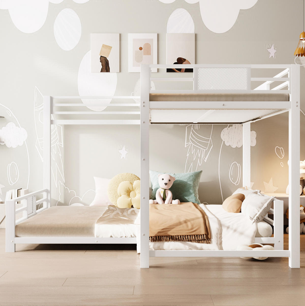 ETAGENBETT aus Metall 204x204x130 cm Weiß mit Schutzgittern, platzsparendem L-Design und Metalllattenrost - Weiß, Metall (90/200cm) - Modfu