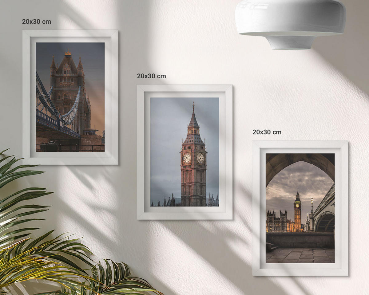 BILDER SET 3er Set - 20x30 cm Weißer Rahmen - London Bridge Big Ben Uhr - Weiß, Kunststoff (20/30cm) - TULUP