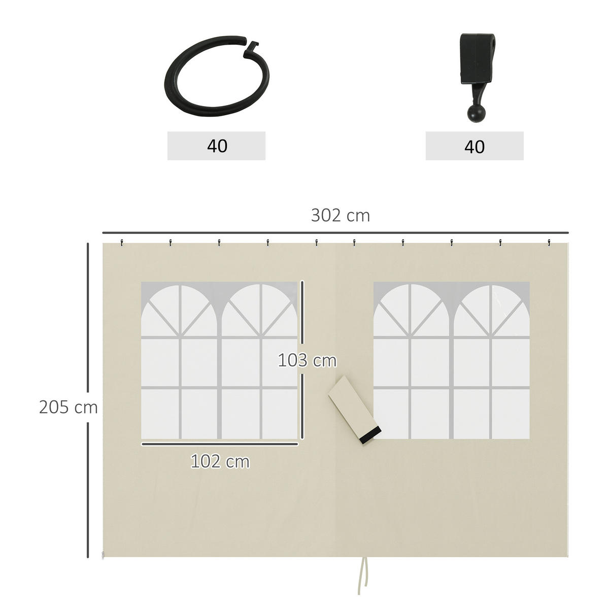 PAVILLON-SEITENWÄNDE, 4 Seitenwand-Paneele für Gartenpavillon, mit Reißverschluss, 3 x 3 m Pavillon, Cremeweiß - Creme, Textil (302/205/1cm)