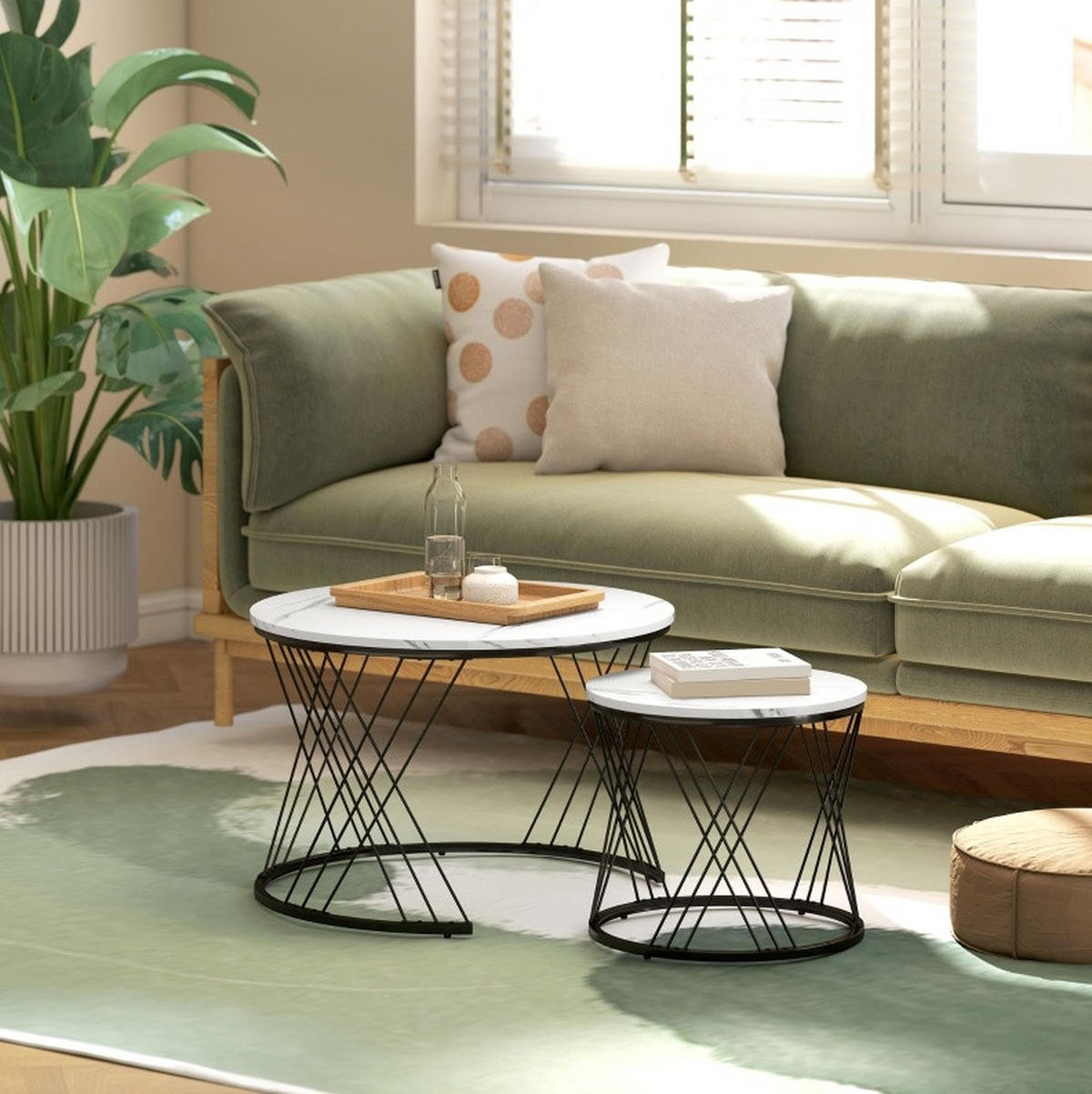 COUCHTISCH-SET 70/70/46,5 cm und 44,5/44,5/39 cm ineinanderstellbar in Marmoroptik mit Metallgestell, Weiß - Weiß, Holzwerkstoff (70/70/46.5cm) - Redom