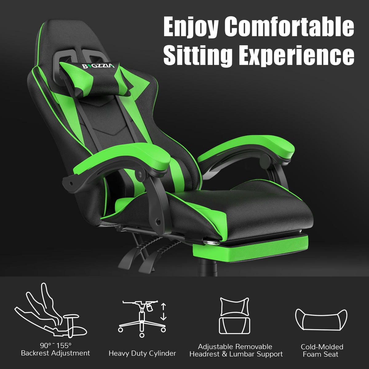 GAMING-STUHL höhenverstellbar, Fußstütze, Lendenkissen – Schwarz/Grün - Grün, Leder (50/134/50cm) - Rattantree